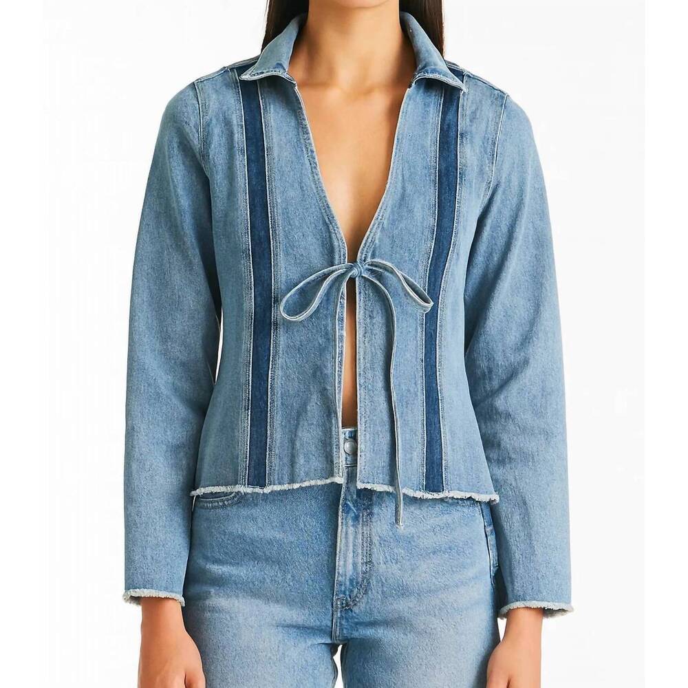NEW B. COATURE denim contrast stripe tie front jacket in blue